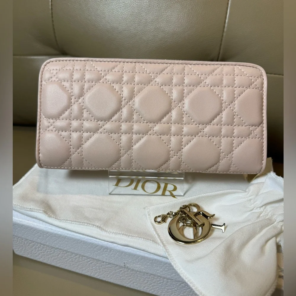 Dior Quilted Cannage Leather Zip Wallet in Pale Pink with Gold Hardware, NWOT
